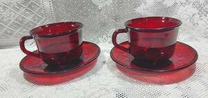 Vintage Arcoroc France Ruby Red Glass 2 Cups and 2 Saucers (B)